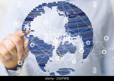 Person, die auf 3D-Rendering des globalen Netzwerks und des weltweiten Datenaustauschs hinweist Stockfoto