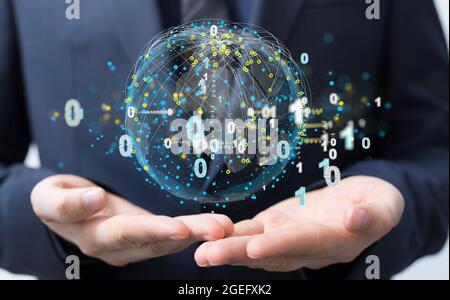 Geschäftsmann, der Symbole für verwertbare Analytics-Verbindungen in 3D anzeigt Stockfoto