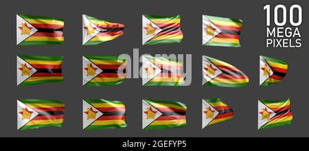 Simbabwe-Flagge isoliert - verschiedene realistische Renderings der wehenden Flagge auf grauem Hintergrund - Objekt 3D-Illustration Stockfoto