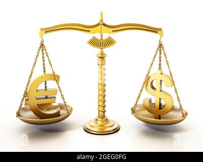 Der Goldene Euro und der Dollar stehen auf der Waage einer ausgewogenen Skala. 3D-Illustration. Stockfoto