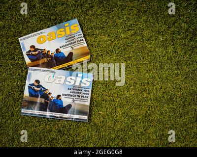 Oasis Konzertkarte aus Knebworth Park, Stevenage, Hertfordshire, Großbritannien - Samstag und Sonntag, 10./11. August 1996, Stockfoto
