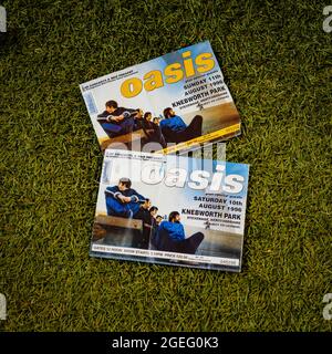 Oasis Konzertkarte aus Knebworth Park, Stevenage, Hertfordshire, Großbritannien - Samstag und Sonntag, 10./11. August 1996, Stockfoto