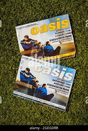 Oasis Konzertkarte aus Knebworth Park, Stevenage, Hertfordshire, Großbritannien - Samstag und Sonntag, 10./11. August 1996, Stockfoto