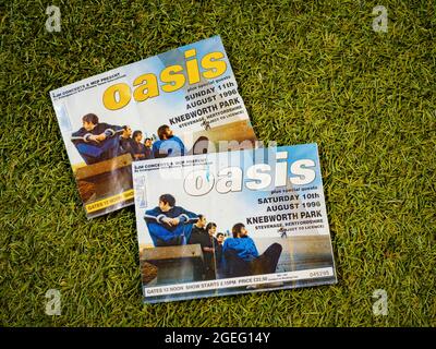Oasis Konzertkarte aus Knebworth Park, Stevenage, Hertfordshire, Großbritannien - Samstag und Sonntag, 10./11. August 1996, Stockfoto
