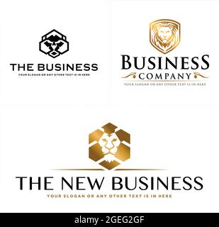 Business-Logo mit Löwen-König-Kopf Schild Gold Luxus Stock Vektor