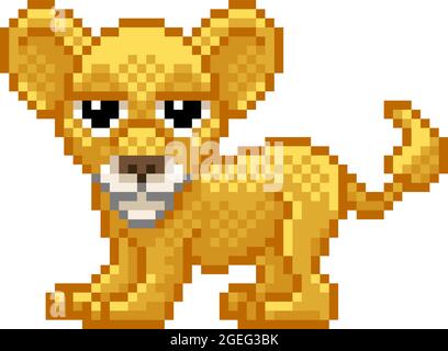Lion Cub Pixel Art Retro Videospiel Cartoon Mascot Stock Vektor