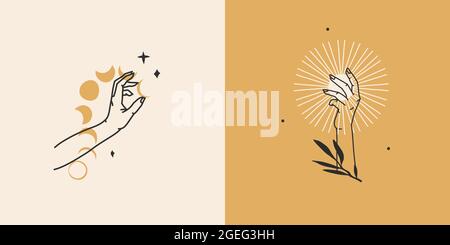 Handgezeichneter Vektor abstrakt Stock flache Grafik-Illustration mit minimalem Logo Element Sammlung Set, okkulte Geheimnis menschliche Hand mit Mond und Sterne Linie Stock Vektor