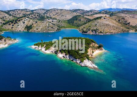 Luftaufnahme der Insel Tongo im Süden Albaniens, Albanien, Europa Stockfoto