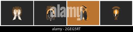 Handgezeichneter Vektor abstrakt flach Stock Grafik Illustrationen Logo Emblem Kollektion mit Magie Astrologie himmlischen goldenen Mond Phasen, Sonne und Sterne gesetzt Stock Vektor