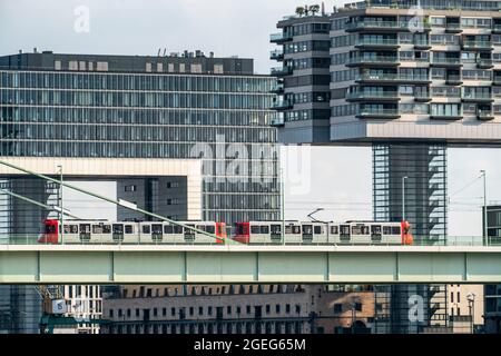 Straßenbahnlinie 4 auf der Severinsbrücke über den Rhein, Kranhäuser in Köln-Süd, am Rhein, am alten Zollhafen, Wohn- und Bürohochhaus Stockfoto