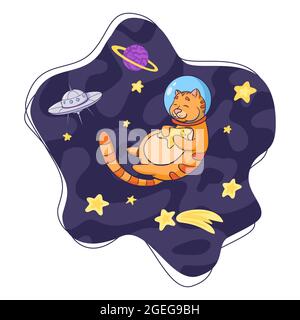 Niedliche Katze Kosmonauten umarmt einen Stern Cartoon Illustration. Handgezeichnete Skizze für Tierastronaut für Logo, Kinderzimmer-Dekor, Kinder-Grafik-T-Shirts, Drucke, Aufkleber Stock Vektor