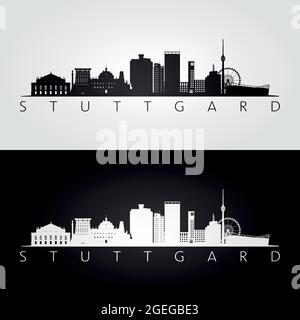 Stuttgarter Skyline und Wahrzeichen Silhouette, Schwarz-Weiß-Design, Vektor-Illustration. Stock Vektor