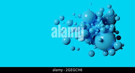Abstrakte blaue organische Blase Flüssigkeit Kugel Formen oder Tropfen auf cyanfarbenem Hintergrund, 3D-Illustration Stockfoto