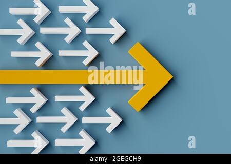 Pfeilgruppe mit einem großen Pfeil vor blauem Hintergrund, Teamleiter, Führung, Erfolg oder Siegerkonzept, 3D-Illustration Pfeilgruppe mit einem großen Pfeil vor blauem Hintergrund, Teamleiter, Führung, Erfolg oder Siegerkonzept, 3D-Illustration