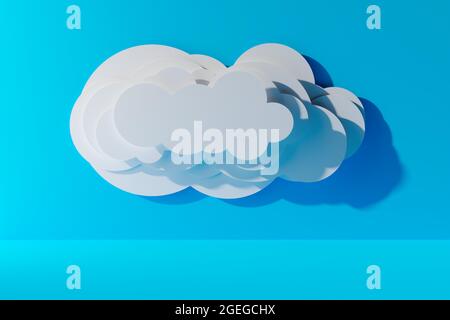 White Paper Cut Cloud Form über blauem Hintergrund, minimalistisches modernes Konzept, Technologie, Daten- oder Informationsspeichersymbol, 3D-Illustration Stockfoto