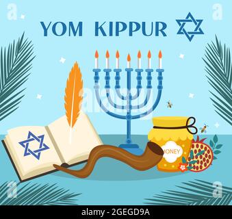 Grußkarte von Yom Kippur mit Kerzen, Äpfeln und Schofar. Jüdischer Feiertag Rosh Hashanah und yomkippur Hintergrund. Vektorgrafik. Stock Vektor