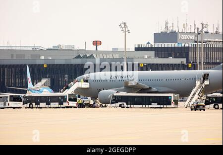 Langenhagen, Deutschland. August 2021. Auf dem Gelände des Flughafens Hannover-Langenhagen verlassen Menschen eine Airbus A310-Luftwaffe und steigen in Busse ein. Mehr Menschen, die aus Afghanistan in Sicherheit gebracht wurden, kamen mit einem Flugzeug an, das aus der usbekischen Hauptstadt Taschkent abgeflogen war. Quelle: Moritz Frankenberg/dpa - ACHTUNG: Nur im Vollformat verwenden/dpa/Alamy Live News Quelle: dpa picture Alliance/Alamy Live News Stockfoto