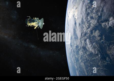 Blauer Planet Erde. Raumschiff startet ins All. Elemente dieses Bildes, die von der NASA eingerichtet wurden. Stockfoto