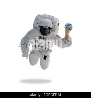 Astronaut im Weltraum mit Eiskegel Erde. Minimale Kunst. Elemente dieses Bildes, die von der NASA eingerichtet wurden. Stockfoto