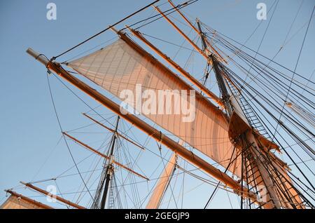 Segelansicht des Star of India das älteste aktive Segelschiff der Welt ein historisches Wahrzeichen Kaliforniens, das am Hafen von San Diego, Kalifornien, USA, angedockt ist. Stockfoto