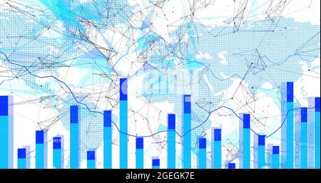 Blaue Diagramme, die sich über ein Netzwerk von Verbindungen mit der Weltkarte bewegen Stockfoto