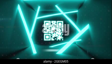 QR-Code-Scanner mit Neon-Elementen gegen Cyber-Sicherheit Datenverarbeitung Stockfoto
