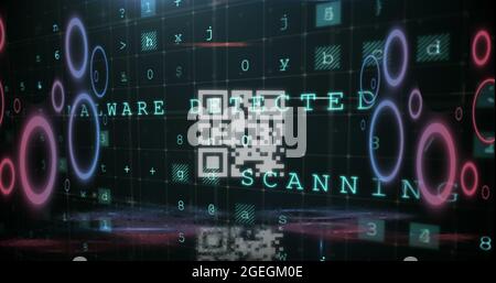 QR-Code-Scanner mit Neon-Elementen gegen Cyber-Sicherheit Datenverarbeitung Stockfoto