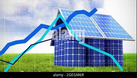 Mehrere blaue Diagramme, die sich über das Netznetz gegen das Haus aus Solarpanel bewegen Stockfoto