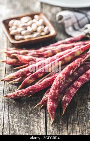 Cranberry-Bohnen. Borlotti-Bohnen. Bohnen Schoten auf Holztisch. Stockfoto