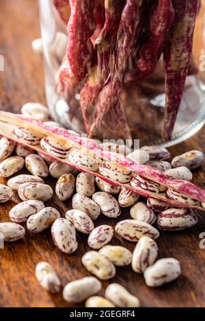 Cranberry-Bohnen. Borlotti-Bohnen. Bohnen Schoten auf Holztisch. Stockfoto