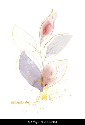 Aquarell Naturkunst Einladungskarte aus Gold Linie sanfte Blätter mit Gold Splash verziert. Kunst botanischen Aquarell handbemalt isoliert auf weiß Stock Vektor
