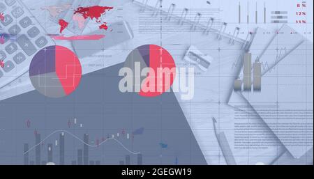 Digitales zusammengesetztes Bild der Verarbeitung statistischer Daten mit Bürogeräten auf dem Schreibtisch Stockfoto