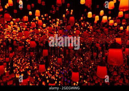 Odaiba, Tokio, Japan - 02. Januar 2020: Schöner Projektor und reflektierende Lichteffekte auf dem EPSON teamLab Borderless. Stockfoto