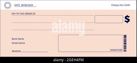 Bankscheck. Leere Geschäftsschecks, Spendenscheck. Leere Scheckbuchseitenvorlage. Einfaches Zahlungslayout, gefälschter Pay-Vektor-Hintergrund Stock Vektor