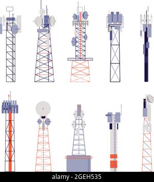 Wireless-Tower. Satellitenkommunikation, isolierte Funkantenne oder Mobilfunkgeräte. Vektorgrafik Antenne, Telefonsignalstation Stock Vektor