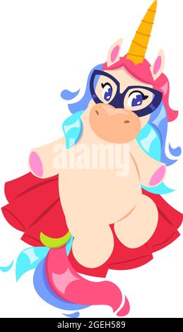 Fashion Einhorn. Isoliertes kleines Pony mit Regenbogenschwanz in Brille und rotem Rock. Cartoon Fairytail Helden drucken Vektor-Illustration Stock Vektor