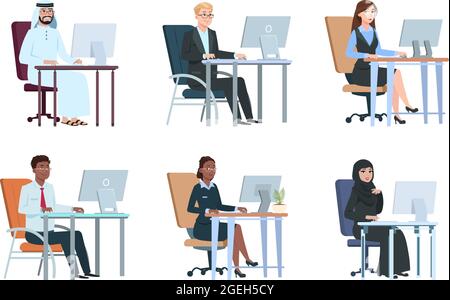 Geschäftsleute, die am Computer arbeiten. Isolierte Arbeitsagentur Personen, Manager Comic-Figuren. Moderner Büromann Frau, junger Profi am Schreibtisch Stock Vektor