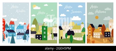 Vier Saisonkarten. Herbst Winter Frühling Sommer Flyer mit Stadtlandschaft. Plakat mit saisonalen Grüßen, Weihnachtszeit. Land Nachbarschaft, Natur und Stock Vektor