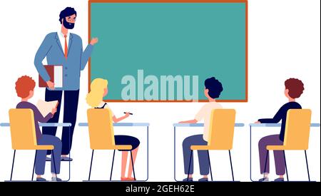 Kinder lernen mit dem Lehrer. Schule Inklusion Studie, Kinder diskutieren im Klassenzimmer. Mädchen junge sitzen und lernen, Bildung Vektor Illustration Stock Vektor