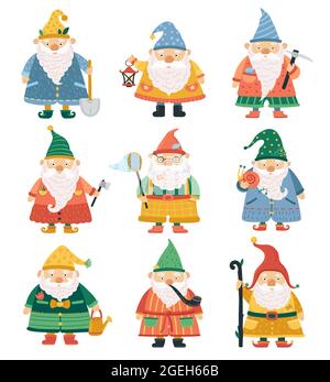 GNOME-Zeichen. Cartoon Garten Zwerg, niedlichen Bart Männer. Jahreszeit Frühling Sommer Garten Fantasie lustige Dekoration für Rasen Vektor Illustration Stock Vektor