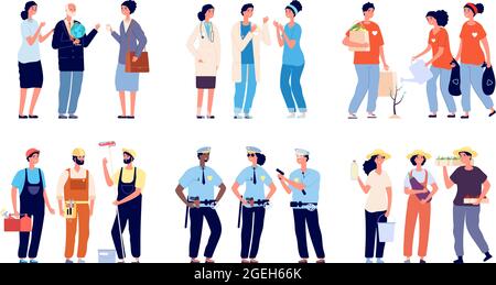 Gruppen von Fachleuten. Wesentliche Arbeitnehmer, Sozialdienst und Freiwillige. Isolierte Lehrer Ärzte Polizisten Bauern Reparerfiguren. Anders Stock Vektor