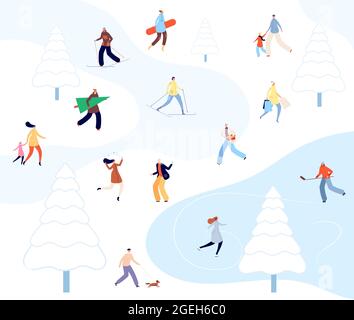 Menschen zu Fuß Winter Park. Cartoon Paare Aktivität, Person Skifahren in der Natur. Schneespaziergang, urbanes Schlittschuhlaufen auf Eis Vektorgrafik Stock Vektor