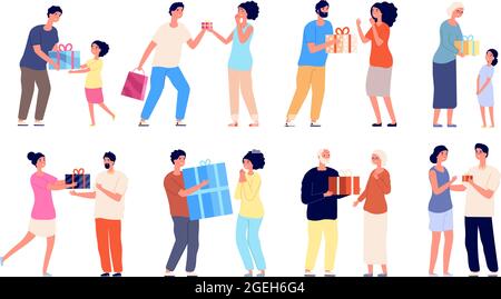 Menschen mit Geschenken. Person geben Box Freundin, emotionaler Freund. Weihnachten oder Geburtstag Zeichen, glückliche Mutter Kind Vektor-Illustration Stock Vektor