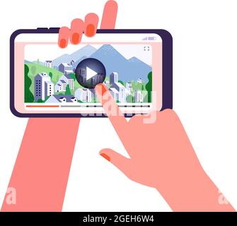Online-Reiseführer. Video am Telefon, Tourismus Orte Rezension. Frau beobachten Live-Stream oder Internet-Reise Illustration. Digitales Multimedia-Vektorkonzept Stock Vektor