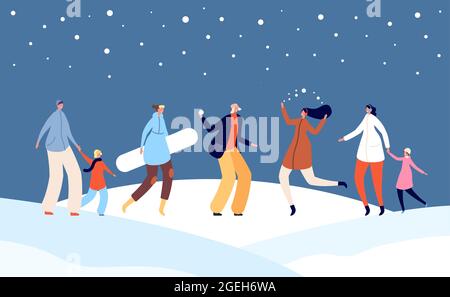 Festliche Menschen im Winter. Frohe Festtage, weihnachtsfamilie mit Kindern auf Snow City Street Illustration. Weihnachten Neujahr Crowd Vektor-Banner Stock Vektor