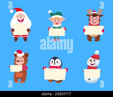Weihnachtsfiguren. Weihnachtsmann, Elf Schneemann hält Banner. Pinguin Bär Hirsch Neujahr Personen Vektor-Illustration Stock Vektor