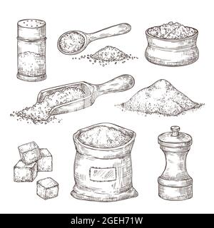 Salzskizze. Handgezeichne Gewürz, vintage Schüssel Löffel mit Meersalzpulver. Zutaten zum Kochen, isolierter Pfefferstreuer Vektorgrafik Stock Vektor