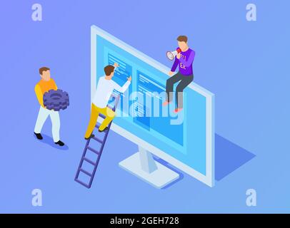 SMM-Manager. Web-Content-Management, Aktualisierung der isometrischen Entwicklerseite. SEO-Mitarbeiter, Online-Marketing-Vektor-Illustration Stock Vektor