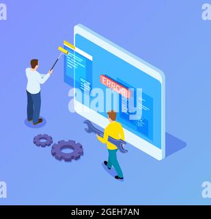 Isometrische Web-Entwickler. Programmierer arbeiten mit Schnittstelle, mobile App-Upgrade. vektordarstellung von 3d-Tablets und IT-Mitarbeitern Stock Vektor