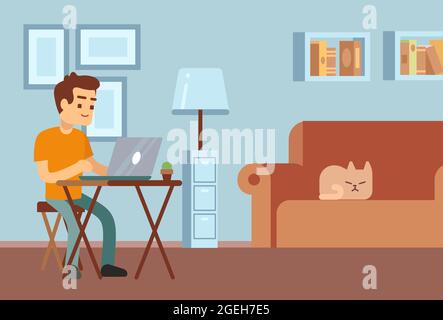 Remote-Arbeit. Freiberuflicher Fernunterricht. Junger Mann, der mit einem Laptop am Schreibtisch sitzt. Student oder Manager, der im Wohnzimmer mit schlafender Katze auf dem Sofa arbeitet Stock Vektor